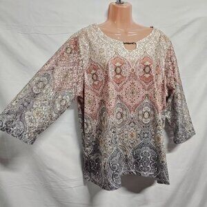 XL ~ Alfred Dunner ~ popover blouse w/ lace accents ~ peachy pink & gray